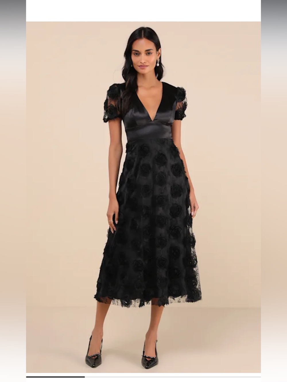 Lulu's Black Floral Rosette Midi Dress with Puff Sleeves